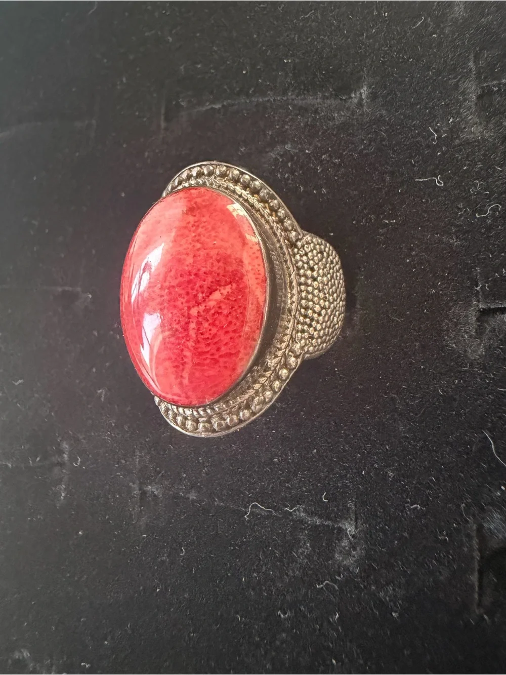 Sterling-Style Unisex Statement Ring with Red Stone and Green Inlay